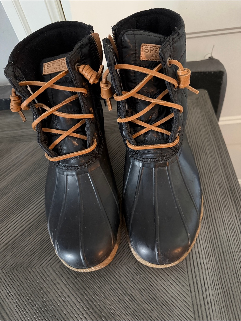 Sperry Black Rain Duck Boots with Brown Laces